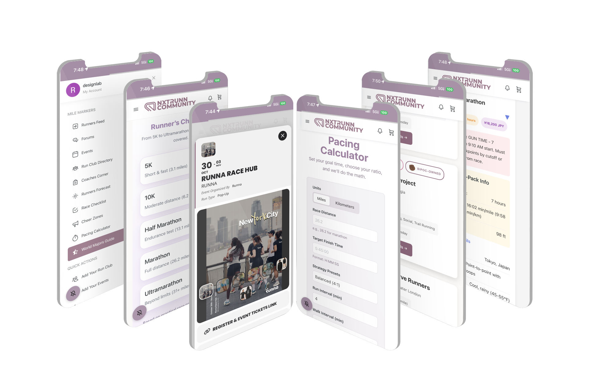 NXTRUNN App. Built for the Movement showing Daily Feed, Run Clubs, Events, and Coaching tools